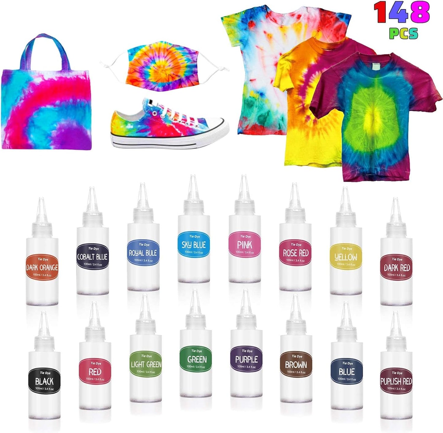 Anpro Batik-Set, 148-teiliges Batik-Set, 16 Farben Batikfarben, All-in-1 Stoff-Batikset für Kinder und Erwachsene
