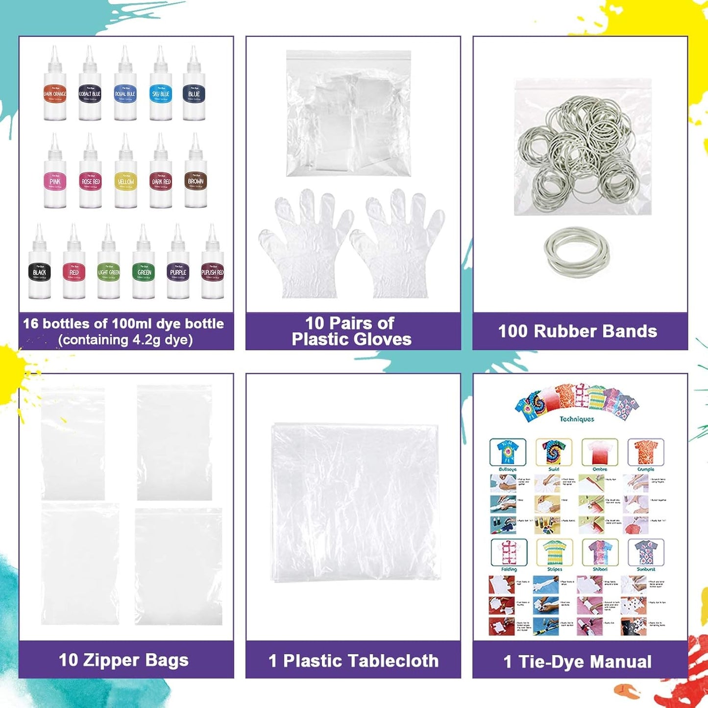 Anpro Batik-Set, 148-teiliges Batik-Set, 16 Farben Batikfarben, All-in-1 Stoff-Batikset für Kinder und Erwachsene