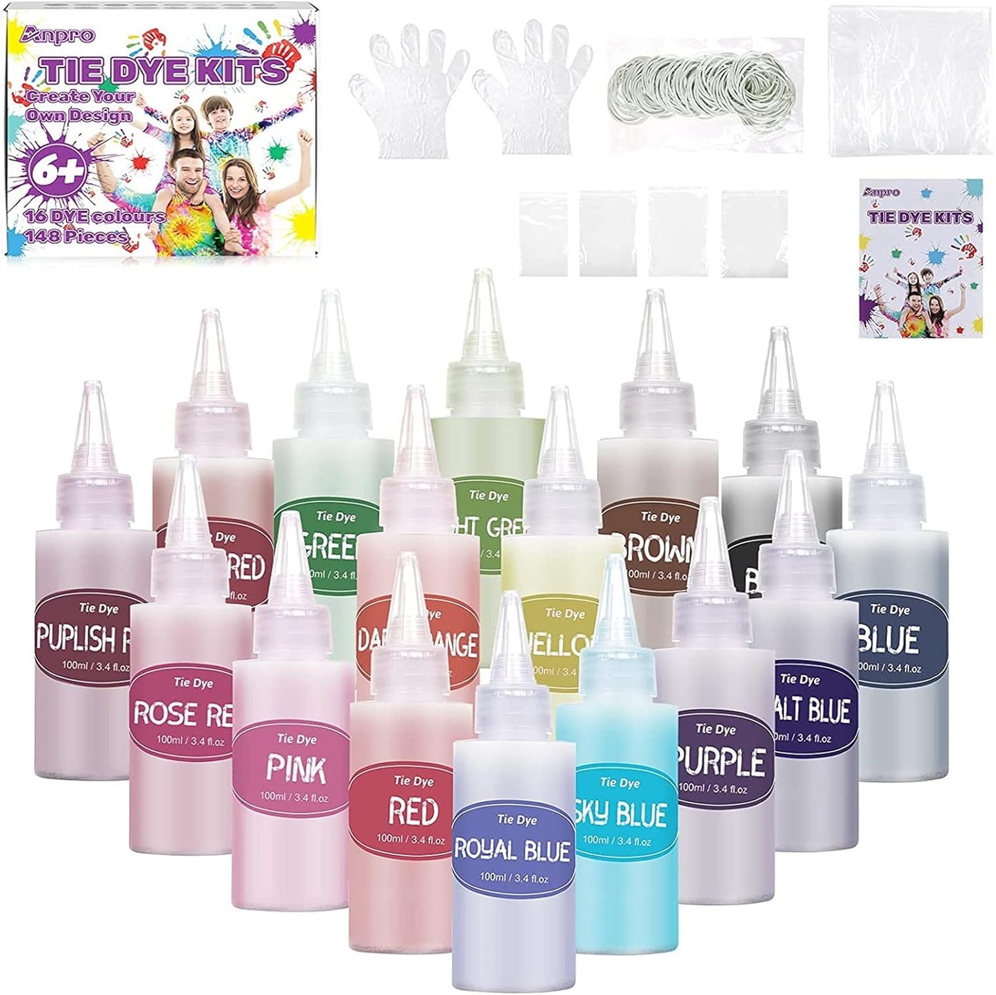 Anpro Batik-Set, 148-teiliges Batik-Set, 16 Farben Batikfarben, All-in-1 Stoff-Batikset für Kinder und Erwachsene