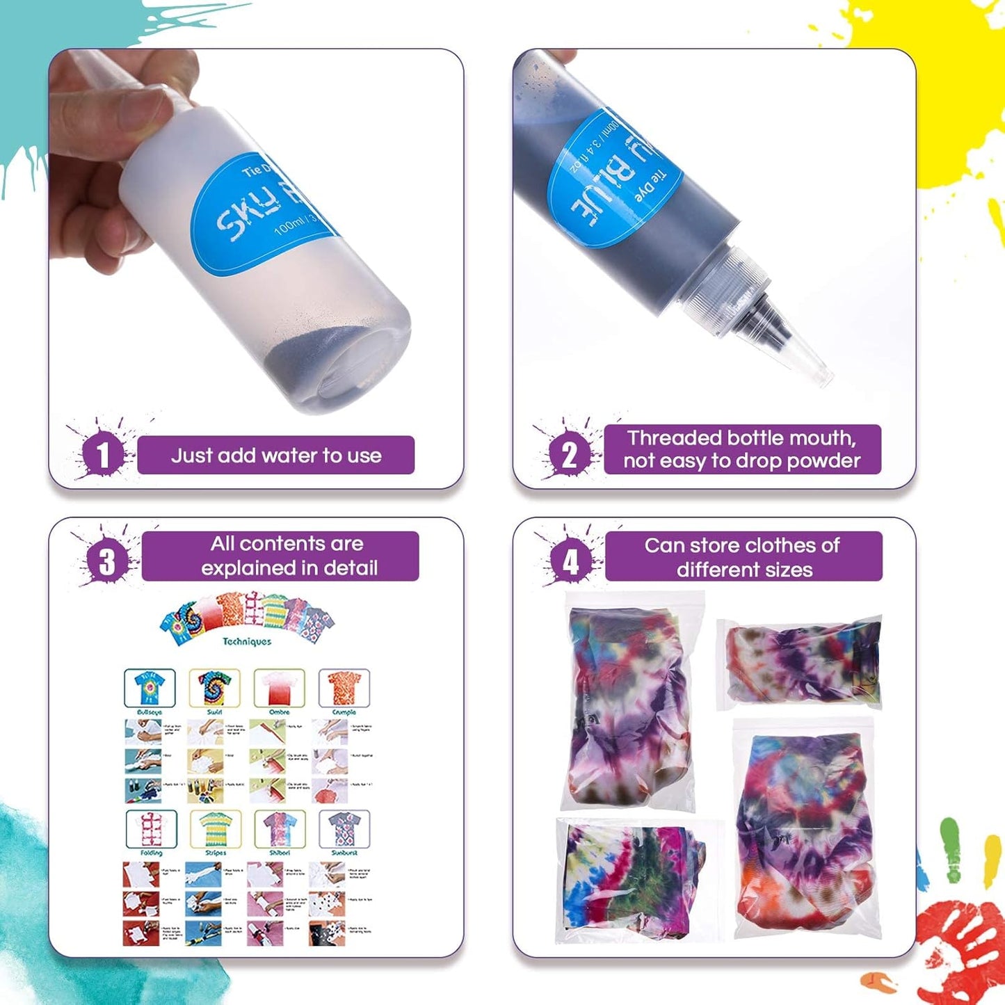 Anpro Batik-Set, 148-teiliges Batik-Set, 16 Farben Batikfarben, All-in-1 Stoff-Batikset für Kinder und Erwachsene